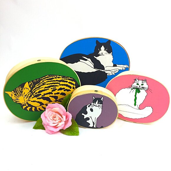 Vintage Hand Painted Cats Balsa Wood Nesting Stackable Cottagecore Boxes - Picture 1 of 11